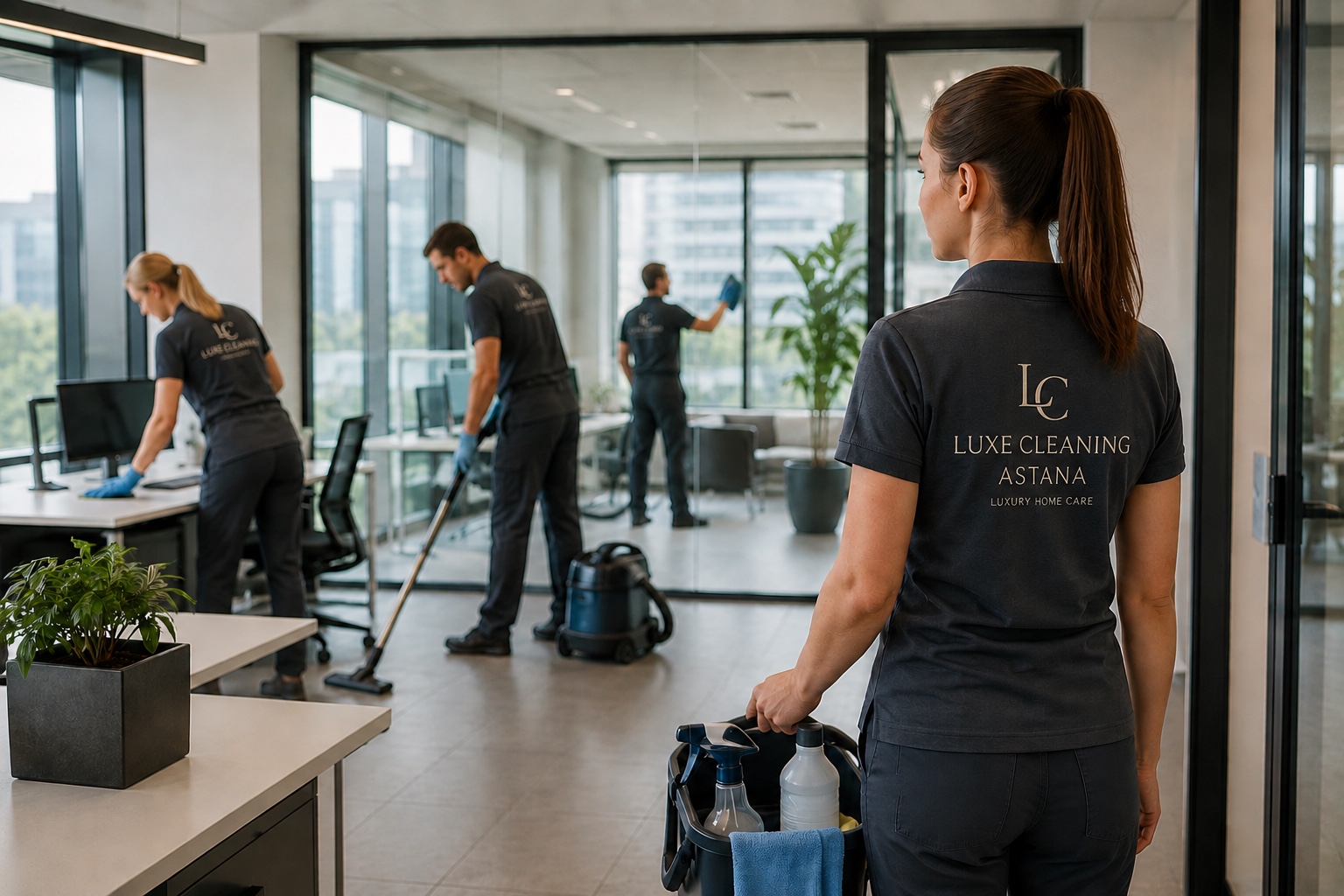 Команда Luxe Cleaning Astana в фирменной форме за работой в премиальном офисном пространстве с панорамным остеклением